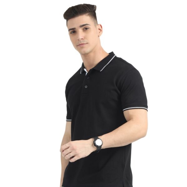 Mens Polo Black T-shirt with Tipping - Image 2