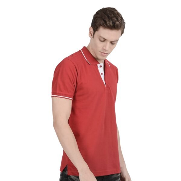 Mens Polo Red T-shirt with Tipping - Image 2
