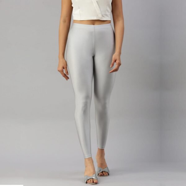 Women Shimmer Ankle Length Silver Leggings - Image 2
